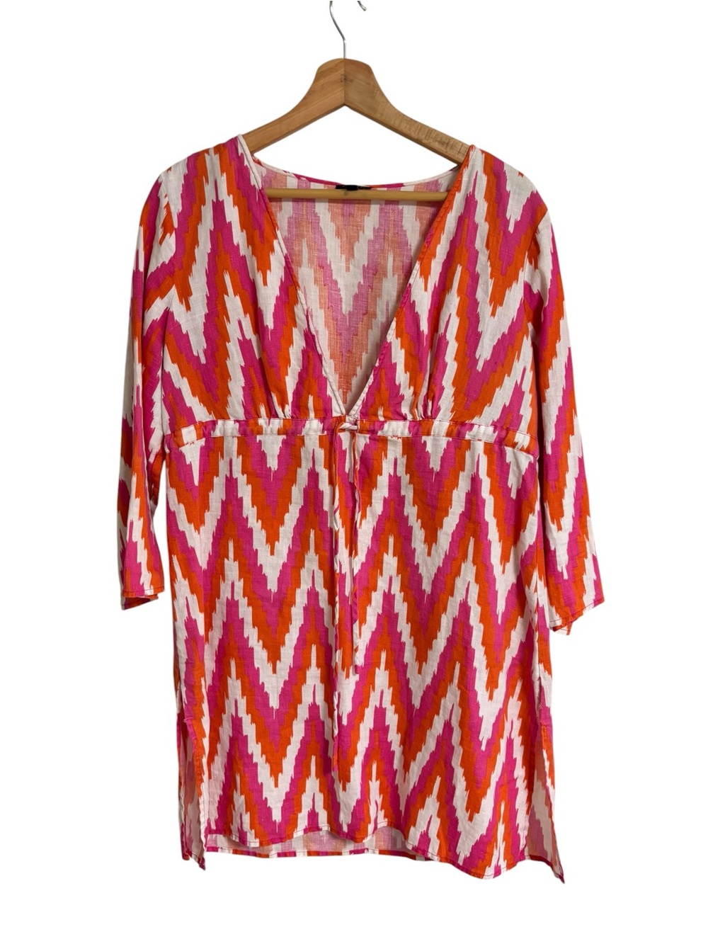 Talbots vibrant pink orange chevron pattern linen tunic swim cover up beach M